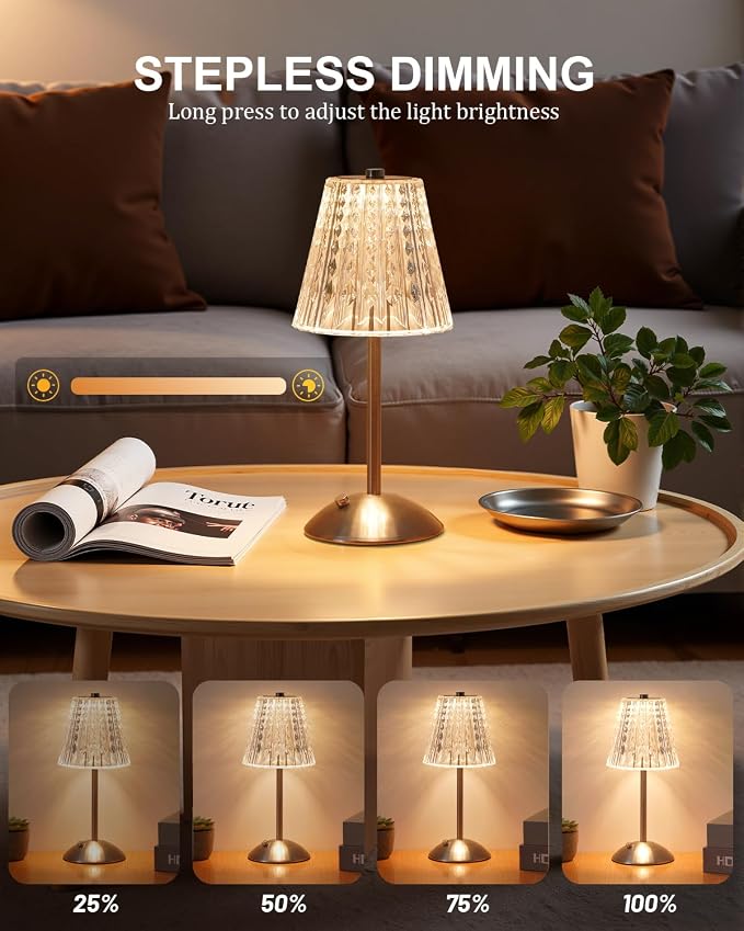 Nusogon Cordless Touch Table Lamp, LED Rechargeable Small Dask Lamp | 3 Colors Dimmable Silver Battery Operated Crystal Lamp for Bedroom Restaurant Kitchen Home Decor
