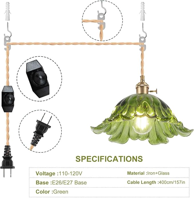 Plug in Pendant Light Fixtures,Hanging Light Fixture Corded On/Off Switch,11 inch E26 Green Glass Lampshade Pendant Lighting for Kitchen Island, Bedroom, Dining Room