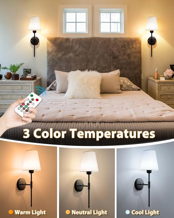 Adetu Battery Operated Wall Sconce Set of 2, Black Wall Sconces with 10000mAh