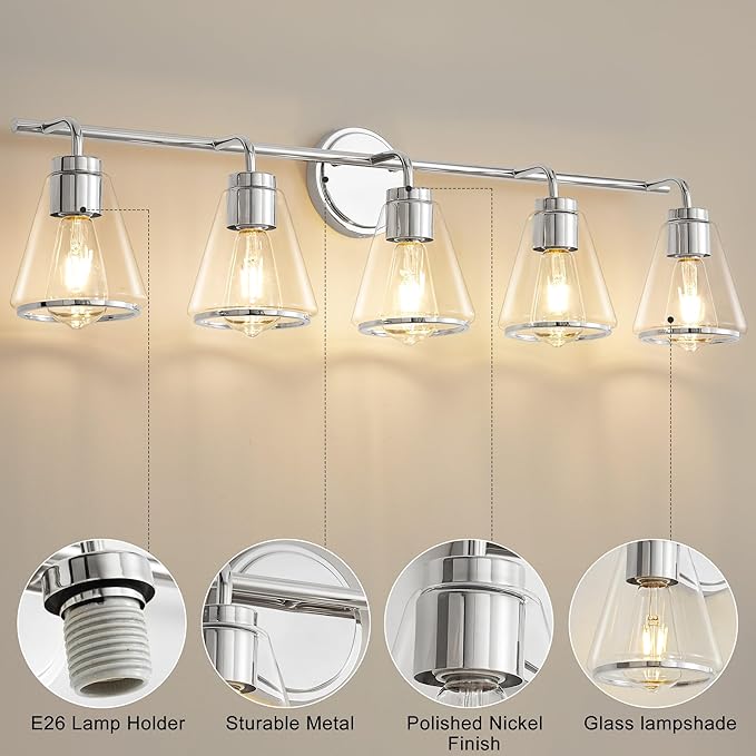 Bathroom Vanity Light 5 Lights Modern Vanity Lighting Fixture for Bathroom 38.5" Large Vanity Lights with Clear Glass Shade Polished Nickel Bath-Room Lighting Fixtures Over Mirror Wall Sconces