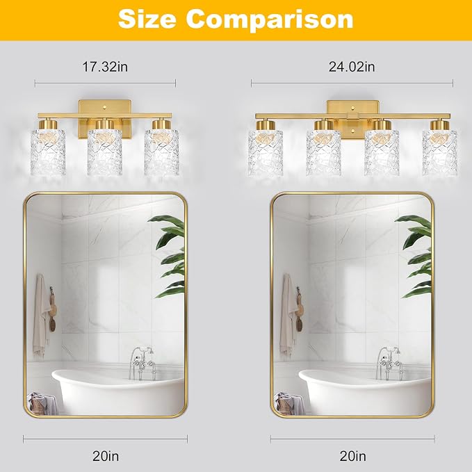 4-Light Bathroom Light Fixtures, Brushed Gold Vanity Lights Over Mirror | Wall Sconces with Clear Textured Glass Shades for Living Room Bedroom Hallway,E26 Base (Bulbs Not Included)