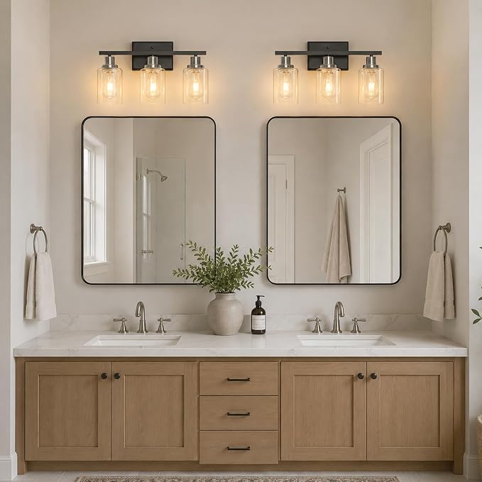 Ascher Bathroom Vanity Light Fixtures, 3 Light Wall Sconces Lighting with Clear Glass Shade, Black and Brushed Nickel Wall Lights for Mirror, Kitchen, Living Room, E26 Base (Bulbs Not Included)