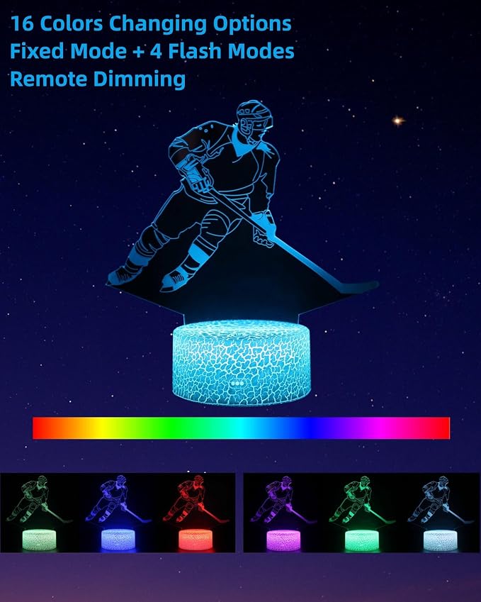 Ice Hockey Player 3D Illusion Night Light, 3 Patterns, Lamp Gift | 16 Color Changing, Dimmable, Touch & Remote Control, Room Bedroom Decor for Boy Girl, Birthday Christmas Toy Kid Teen