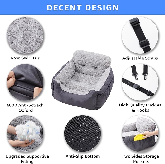 Oiilores Dog Car Seat for Small Dogs, Washable Pet Booster Car Seats with Clip-On Safty Leash, Comfy Deluxe Plush Carseat with Storage Pockets, Puppy Travel Carrier Bed for Dogs Under 25 lbs, Grey