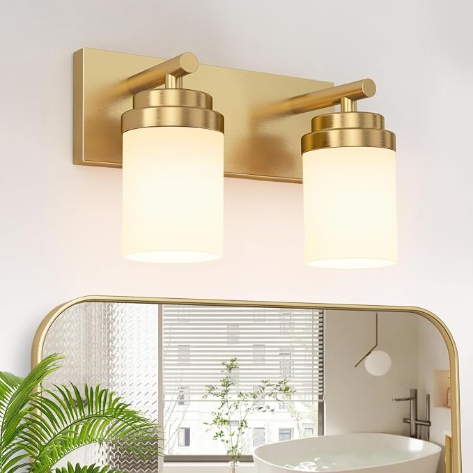 IZORRO Bathroom Vanity Light Fixture, 2-Light 15 Inch Gold Bathroom Light Fixtures Over Mirror, with White Glass Shade, Modern Farmhouse Vanity Lights, Rustic Restroom Lighting Fixtures