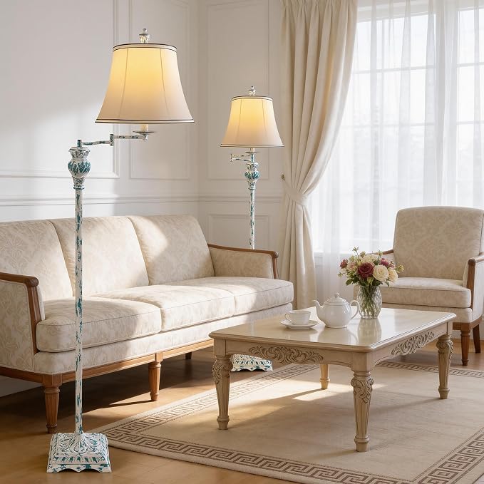 Vintage Floor Lamps for Living Room,Traditional 350° Adjustable Swing Arm Farmhouse Floor Lamp for Bedroom, Rustic Standing Lamp Pole Lamps for Reading, Home Décor and Office, Washed Blue