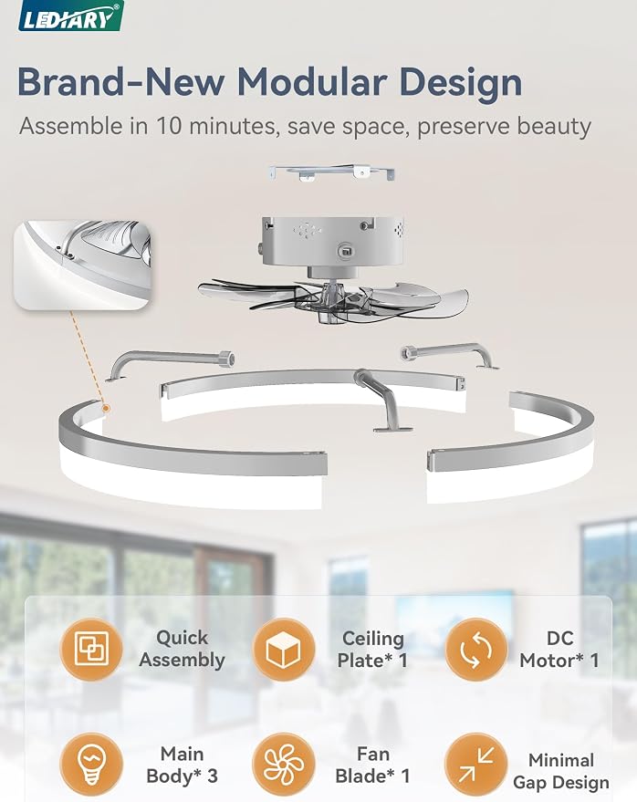 LEDIARY 23" Low Profile Ceiling Fans with Lights, APP & Remote, Grey | Flush Mount, Dimmable LED, Quiet DC Motor, Reversible, 6 Speeds, Fandelier, for Bedroom