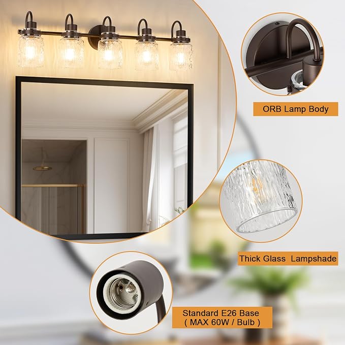 5 Lights Hammered Glass Bathroom Vanity Light, Oil Rubbed Bronze | Easy Installation,Up or Down,Farmhouse Modern Style,E26 Socket,ETL Certification
