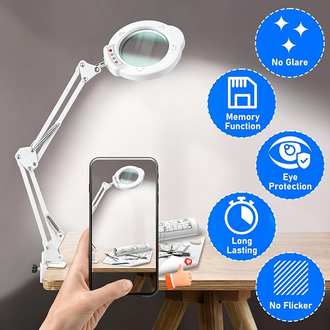 White 10X Magnifying Glass with Light and Stand, LED Desk Lamp with Clamp, 5 Color Mode, 10 Dimmable Levels, Hands Free for Reading Crafts Jewelry Sewing Close Work