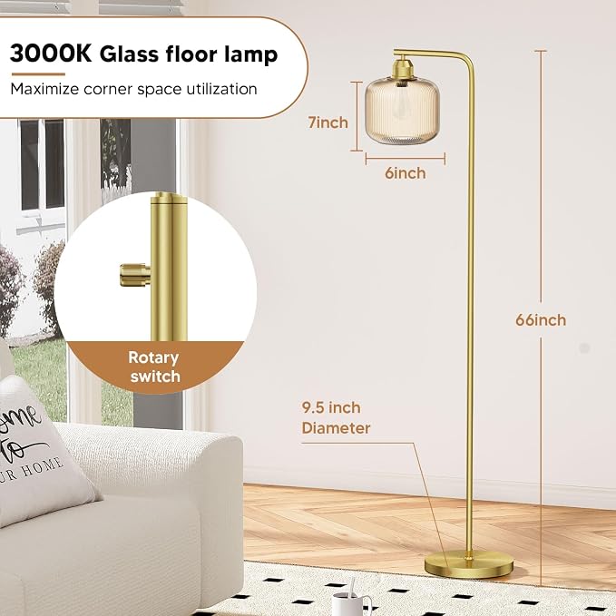 66" Dimmable Gold Standing Lamp with Champagne Ribbed Glass for Living Room | Vintage Floor Lamp with Brushed Gold, Stepless Rotary Switch and 3000K LED Bulb, Arc Floor Lamp for Bedroom & Study Room