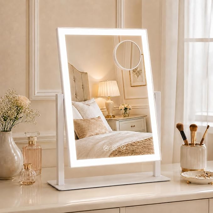 ROLOVE 16"x13" Vanity Mirror with Lights, Three Colors Lighting Mode, 360°Rotation, Lighted Makeup Mirror wih Stand for Desk, Bedroom, Dorm, Gifts for Women