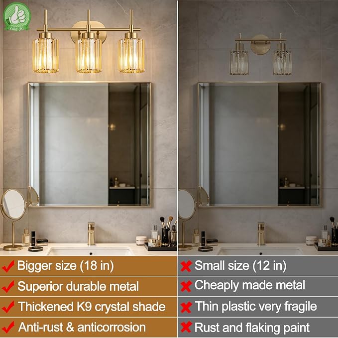 Modern Crystal Bathroom Light Fixtures Over Mirror, 3-Light Brushed Gold Bathroom Vanity Light with Amber Glass Shades, Modern Vanity Lights for Bathroom, E26 Base, Bulbs Not Included