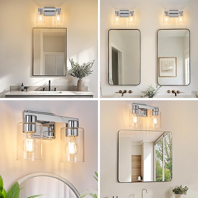 2-Light Bathroom Light Fixtures with Clear Glass, Chrome | Vanity Lights, Modern Wall Sconces, Over Mirror for Bathroom, Powder Room, Living Room