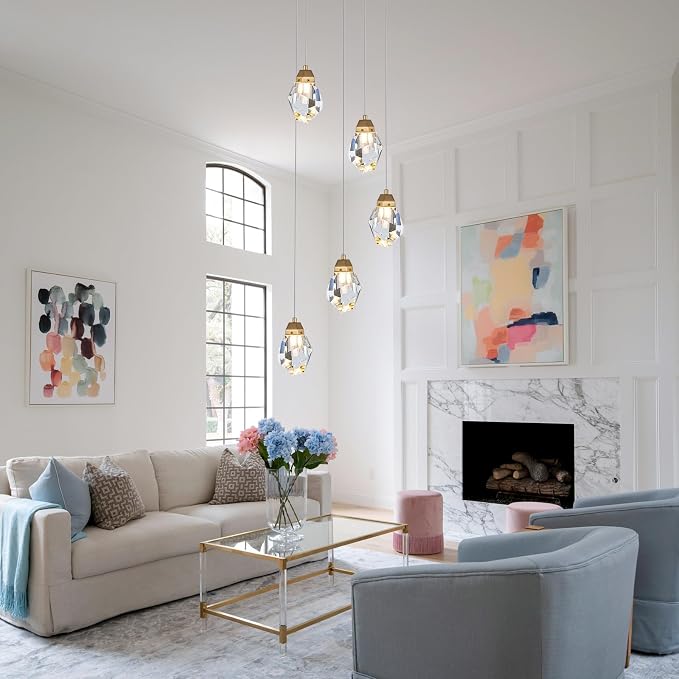 Dimmable Brass Gold Crystal Pendant Light - Modern 5-Light Diamond Chandelier for Kitchen Island, Dining Room, Hallway, and Bathroom