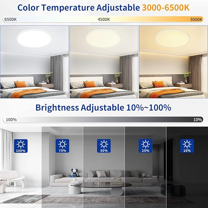 20 inch Dimmable Led Flush Mount Ceiling Light Fixture with Remote Control | 48W 4800LM, Ultra Thin, Modern, Round, White Large Ceiling Lamp for Kitchen Dining Room Bedroom Living Room Home Office