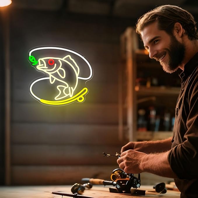 Fishing Neon Sign, Dimmable Fish LED Neon Lights for Wall Decor, USB Powered Fishing Hook Neon Lights for Man Cave, Cabin, Living Room, Fishermen Gifts (14.6 x 13.3 in)