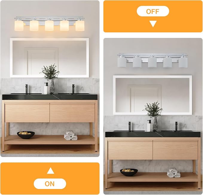 Modern Bathroom Light Fixtures Over Mirror, Vanity Lights for Bathroom Wall Sconces with Milky White Glass Shades, E26 Socket (Bulbs Not Included), 5 Light, Chrome