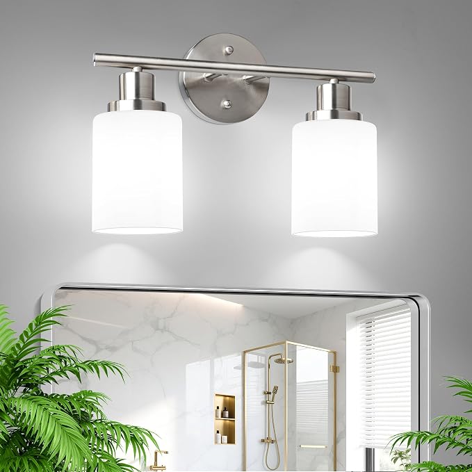 2 Light Bathroom Light Fixtures, Modern Vanity Lights with Milky White Glass Shade, Brushed Nickel Wall Lamp Over Mirror for Bathroom, Living Room, Cabinet, Bedroom, E26 Base