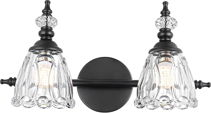Matte Black Vanity Light, Farmhouse Bathroom Light Fixtures, 2 Light Bathroom Vanity Lights, Flower Glass Shade Wall Sconce Lighting
