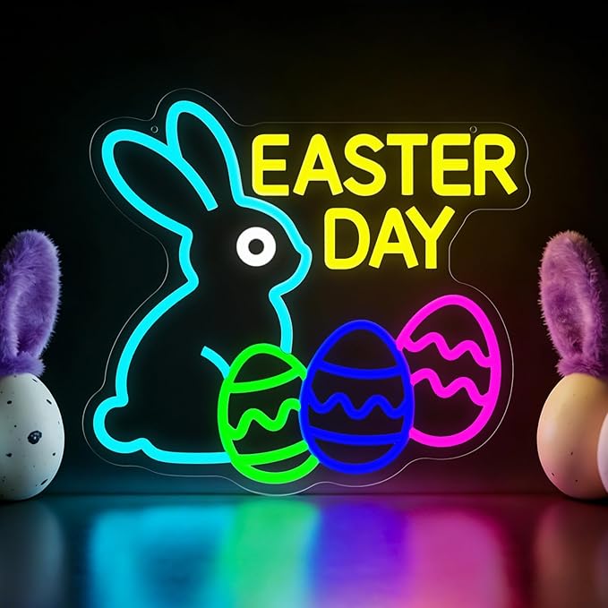 Easter Neon Sign Bunny Led Sign Egg Lights for Wall Decor Dimmable Happy Easter Rabbit Sign Decor for Party Door Window Easters Gifts for Kids