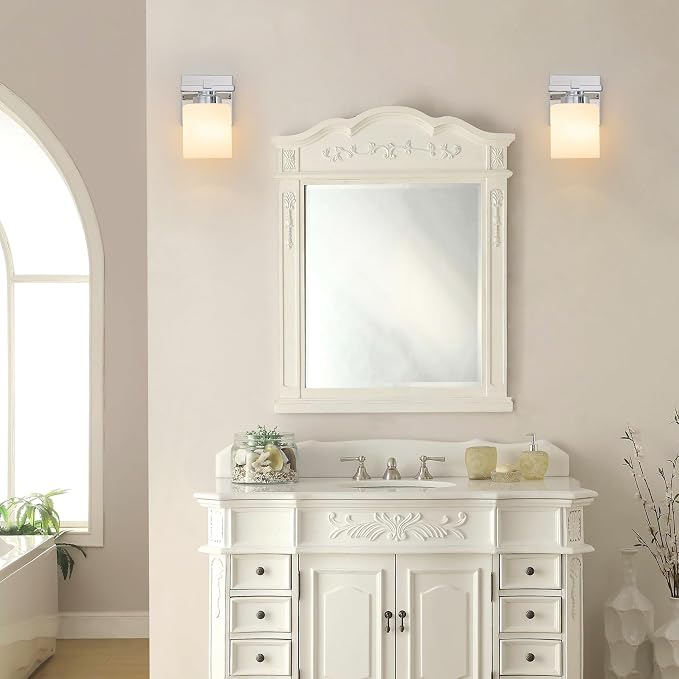 Modern Bathroom Light Fixtures Over Mirror, Vanity Lights for Bathroom Wall Sconces with Milky White Glass Shades, E26 Socket (Bulbs Not Included), 1 Light, Chrome