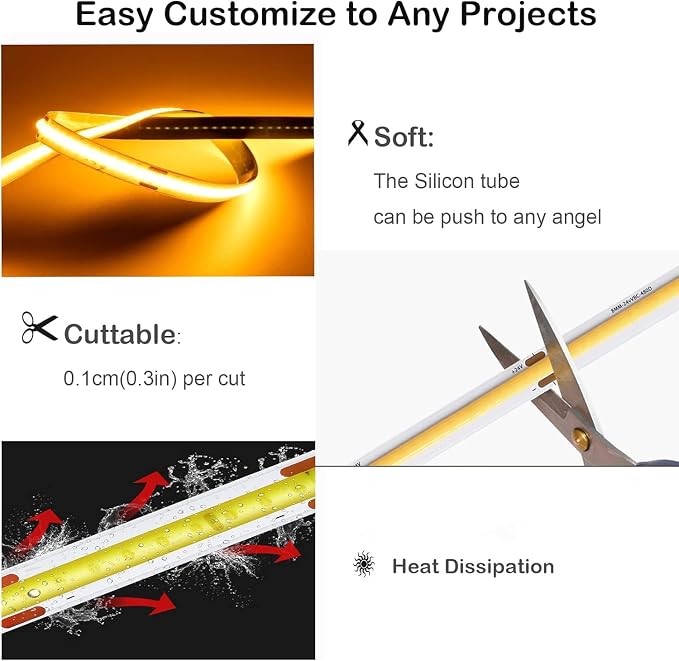 GUPUP 16.4 ft COB Rope Light,Dimmable White Strip Light,24V,3040 LEDs | Flexiable 2700K-6500K Vanity Make-up Lighting, CRI≥90, for Gaming Room,Mirror,Cabinet,Counter,Kitchen,TV