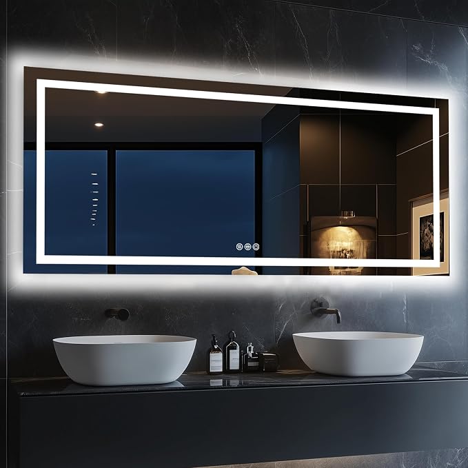 Antok 60x28 LED Bathroom Mirror with Lights, Backlit + Front Lit Vanity Mirror with CRI>90, Dimmable Anti-Fog Smart Mirror with Memory Function, 11 Color Temperatures, Shatterproof Tempered Glass, ETL