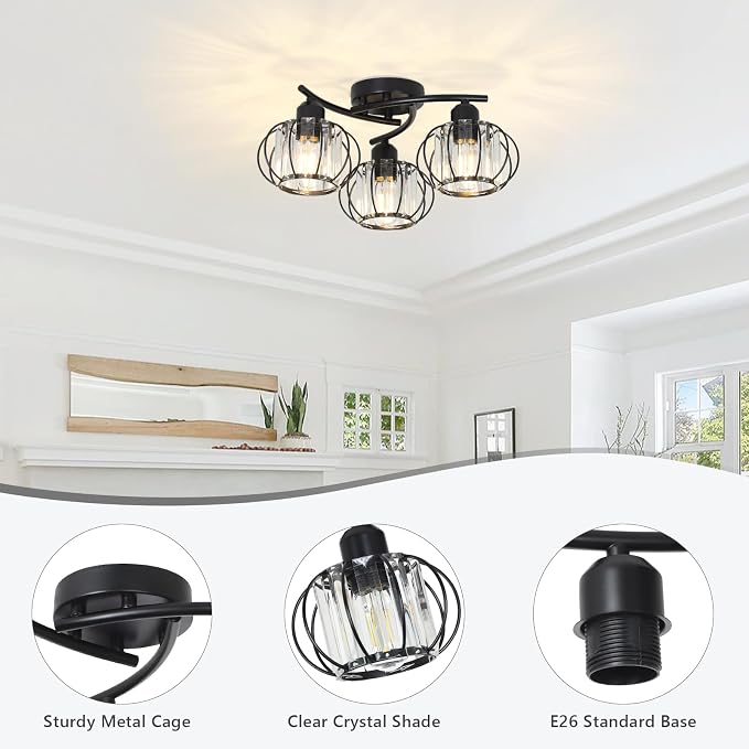 PAUFUL 3-Light Crystal Semi Flush Mount Ceiling Light,Black Modern Close to Ceiling Light Fixtures,Kitchen Light Fixtures with Clear Crystal Shade,Hallway Light Fixtures for Hallway Bedroom Bathroom