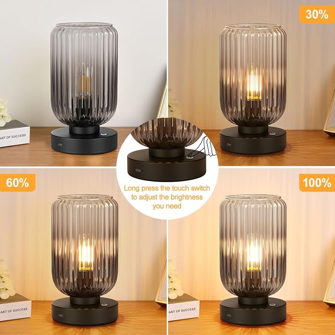 LigthRound Touch Table Lamp for Bedroom, Cordless Bedside Small Table Lamp, Dimmable Rechargeable Battery Operated Lamp for Nightstand, Bedside, Living Room, Desk, LED Bulb Included