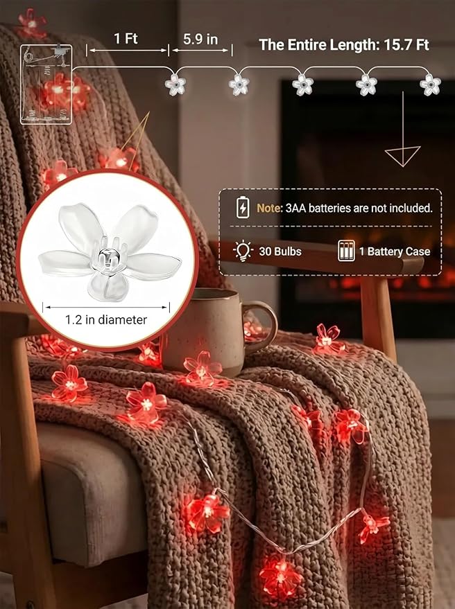 Flower Battery Operated Indoor String Lights 30L Cherry Blossom Fairy Light | Waterproof Outdoor Garden Party Camping Birthday Wedding Room Red