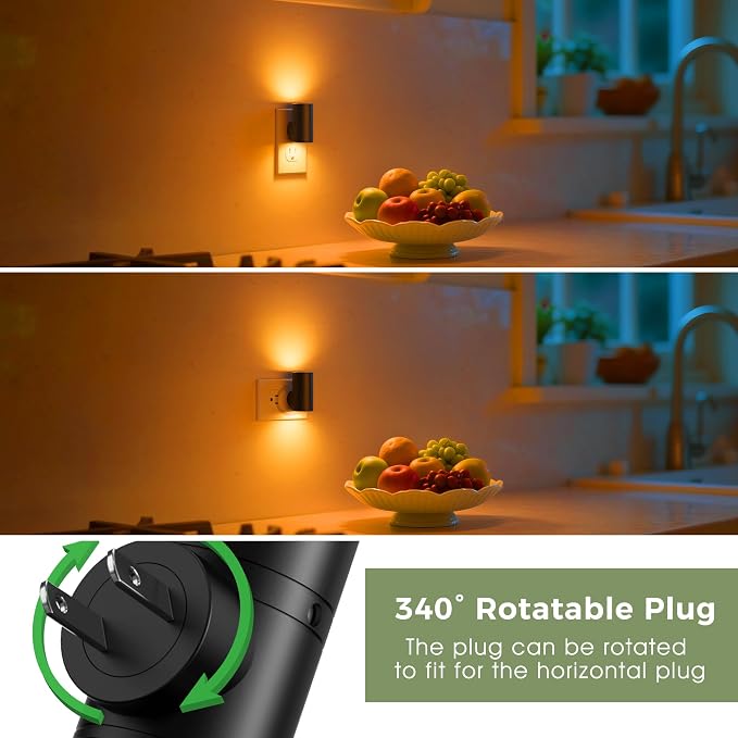 L LOHAS LED Amber Night Light, Yellow Nightlight,Rotating,Dimmable 50/100LM | Plug into Wall, Warm Circadian Nightlight,Light Sensor Nightlight Plug in, Adults Hallway Bedroom Bathroom[Black Shade,4Pack]