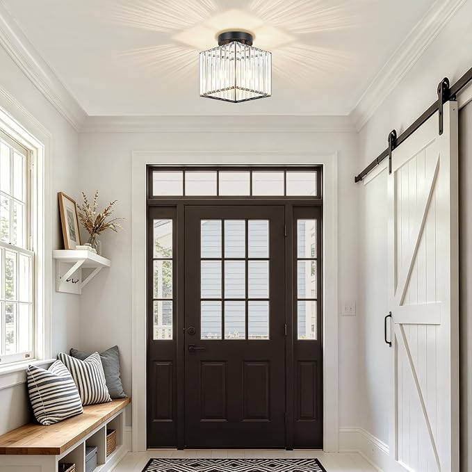 Modern Black Ceiling Light Fixture Crystal Hallway Entryway Light Fixtures | 2-Pack, 7.24 Inch, E26 Dimmable, Bathroom Bedroom Ceiling Light, Kitchen Dining Room Closet Close to Ceiling Light Fixtures