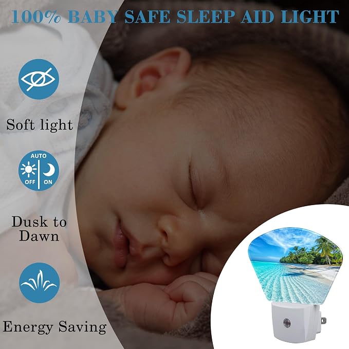 Ocean Beach Night Light for Kids Girls Boys, Tropical Palm Trees LED Night Light Plug into Wall with Dusk to Dawn Sensor for Bedroom, Hallway, Kitchen, Bathroom, Stairs Decor