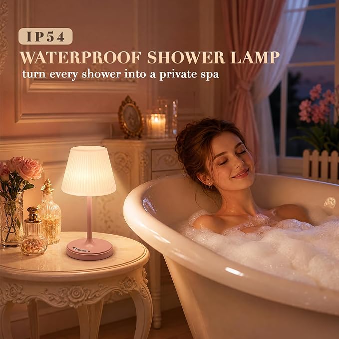 Waterproof Shower Lamp, 4000mAh Cordless Table Lamp, 3-Color Dimmable -Pink | touch dimmable, weighted base, bathroom shower light, patio dinner, RV camping, charge your phones, memory night light