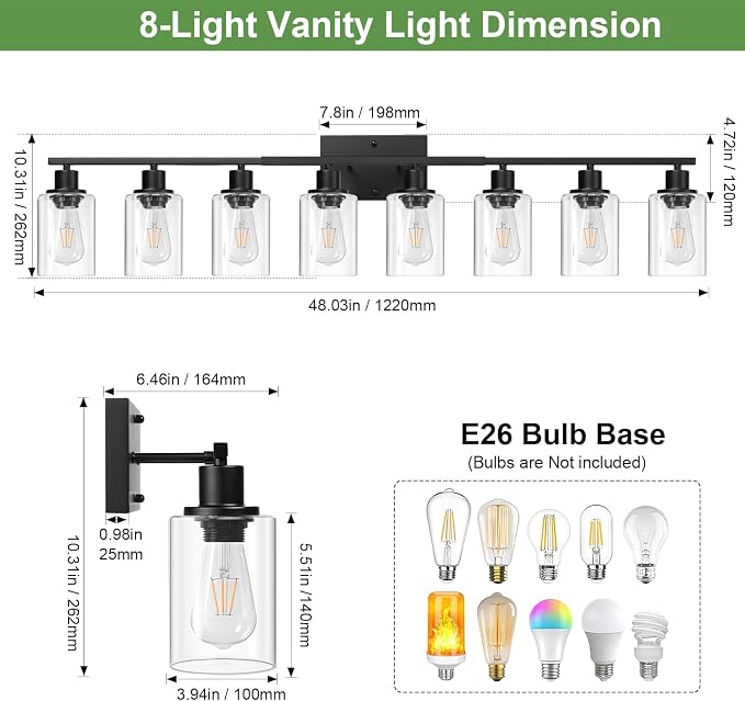 Indoi 8-Light Bathroom Light Fixtures, Matte Black Modern Vanity Lights with Clear Glass Shades, Bathroom Wall Lamp for Mirror Living Room Cabinet Bedroom Porch