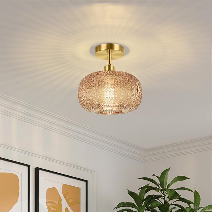 ROTTOGOON Semi Flush Mount Ceiling Light, Adjustable Hanging Gold Sloped Ceiling Lights with Amber Glass Shade Modern Hallway Light Fixtures for Kitchen Bathroom Entryway Bedroom (Bulb Not Included)