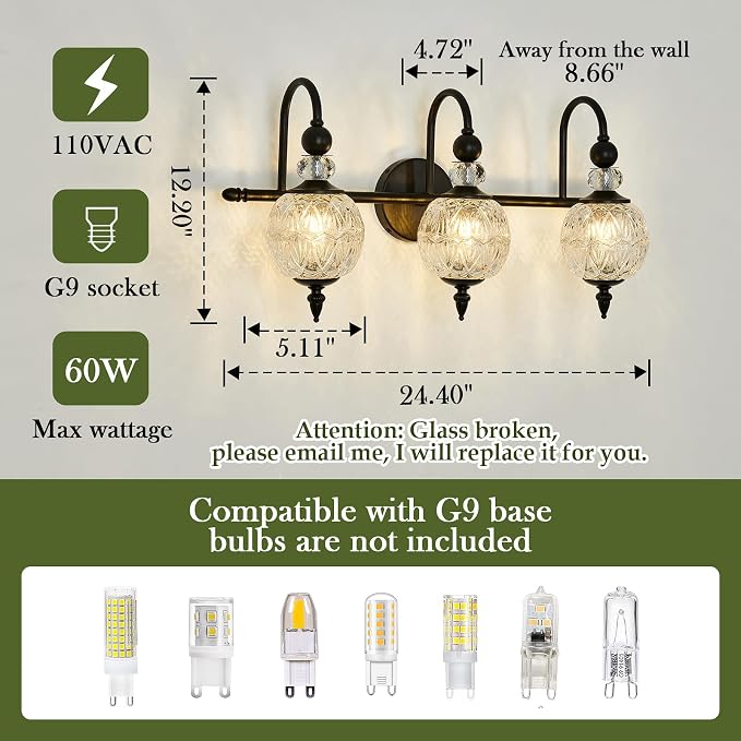 Piepooye Vintage Bathroom Light Fixtures Black Vanity Light with Glass Globe LampShade 3 Lights Mid Century G9 Bulb Wall Sconce Indoor Vanity Light Over Mirror for Kitchen Bedroom Farmhouse