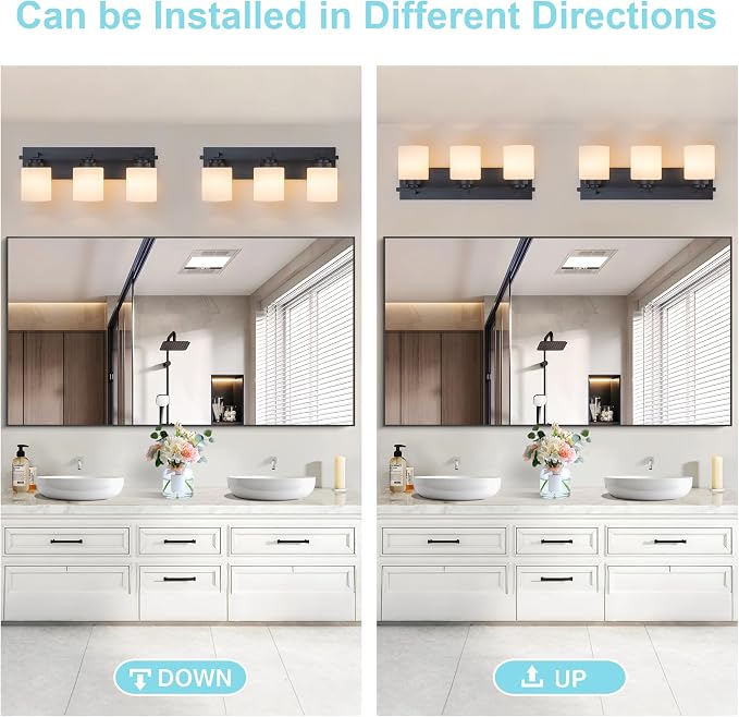 Modern Bathroom Light Fixtures Over Mirror, Vanity Lights for Bathroom Wall Sconces with Milky White Glass Shades, E26 Socket (Bulbs Not Included), 3 Light, Black