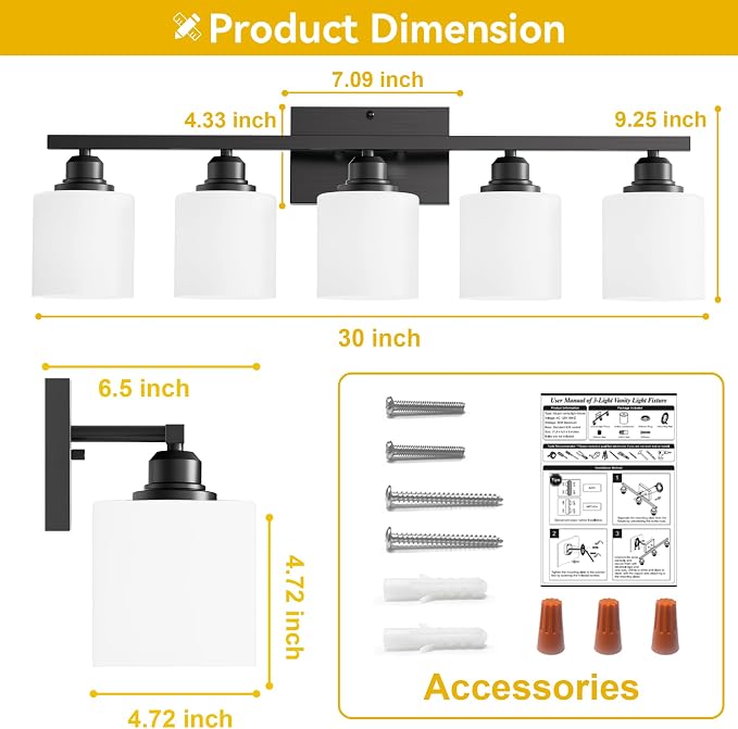 5-Light Bathroom Light Fixtures Over Mirror, Matte Black Vanity Lights, Modern Bathroom Vanity Light, Glass Shade & Anti-Rust Nickel Finished, Bathroom Light for Small Space