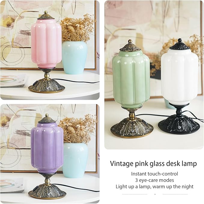 Vintage Pink Glass Touch Table Lamp, Elegant Milk Glass Bedside Desk Lamp 3 Way Dimmable with USB C+A Charging Ports - Bedroom Nightstand & Living Room Essential, 4W Bulb Included (Pink, 6.5)