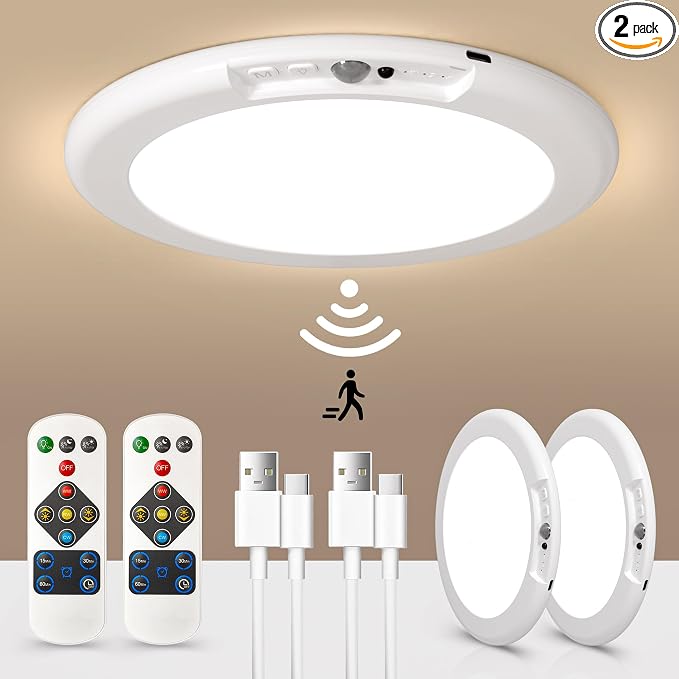 LINEWAY Rechargeable Motion Sensor Closet Light with Remote, Wireless Ceiling Light Battery Operated Closet Lights Magnetic Motion Activated Ceiling Lamp for Shower Pantry Hallway, 2 Pack