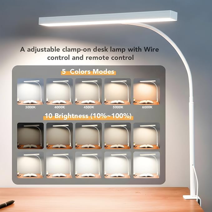 LED Desk Lamp with clamp, Remote Control Desk Lamp, 5 Color Modes & 10 Brightness Levels, 17'' Wide Light Bar, Eye Caring Gooseneck Desk Light, Adapter Included