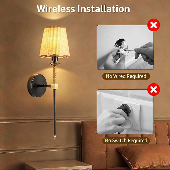 Boho Battery Operated Wall Sconce Set of 2, Black Gold Wireless Rechargeable Wall Lights with Rattan Shade, 12 RGB and 3CCT Dimmable Cordless Wall Lamps with Remote for Bedroom Living Room