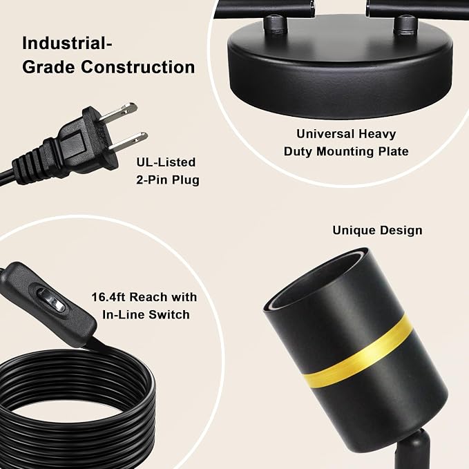 HiBay 4-Light Plug in Track Lighting, Rotatable Spotlight, Black Gold, E26 | Adjustable 4 heads ceiling fixture for kitchen dining room, plug-in cord with on/off switch, no wiring, excl bulb