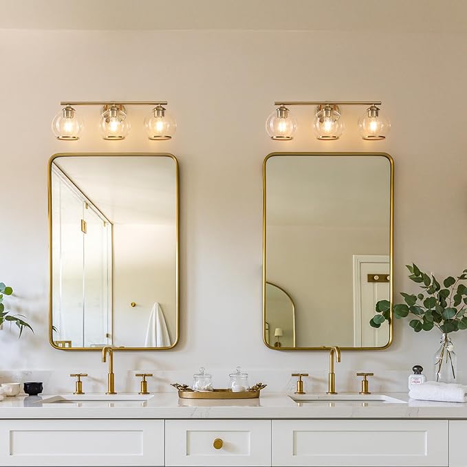 Brushed Gold Bathroom Vanity Light Over Mirror, 3 Light Bathroom Light Fixtures with Clear Globe Glass Shade, Modern Vanity Lighting Wall Mounted