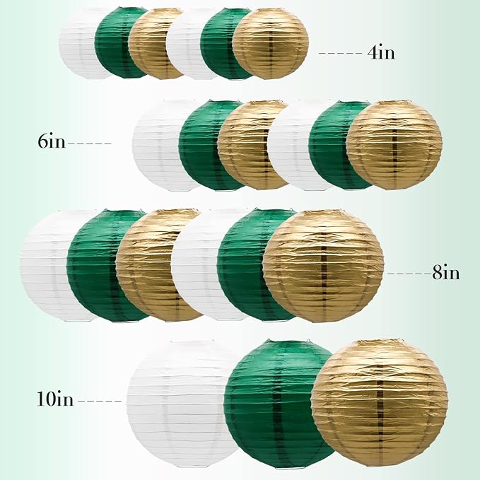 21-Pack Green Gold Paper Lanterns Party Decorations | Round Hanging Lantern for St. Patrick's Day, Graduation, Wedding, Tropical Jungle Theme Birthday, Football Theme Baby Shower