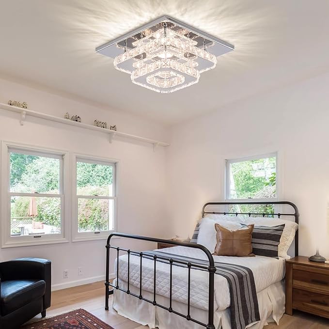 FRIXCHUR 9.8" Crystal Ceiling Light, 3-Color LED Square Flush Mount Chandelier, 2-Layer K9 Crystal Ceiling Lamp for Bedroom Living Room Dining Room Hallway Foyer 25W