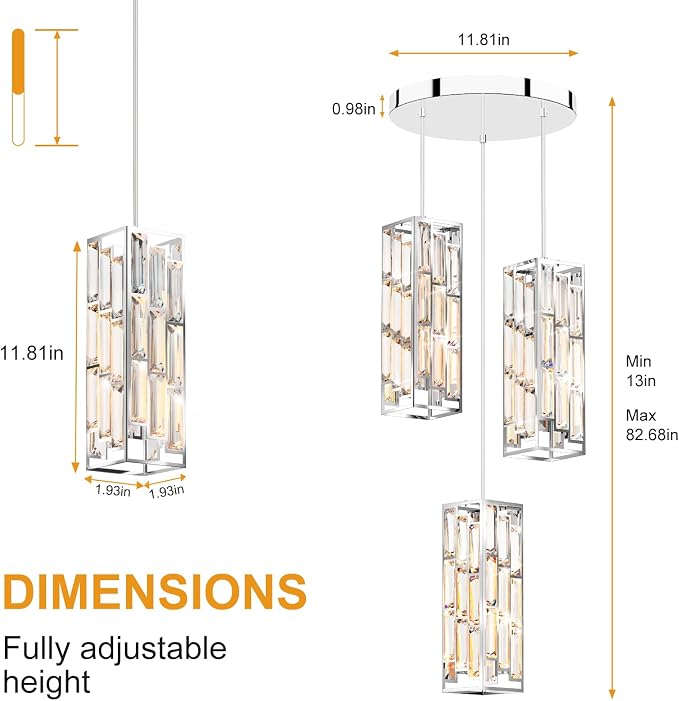 Modern 3-Light Crystal Pendant Light Fixture Kitchen Island, Chrome | Mini Crystal Chandeliers, Height Adjustable Cord, Ceiling Hanging Lighting for Kitchen Island Dining Room Bedroom