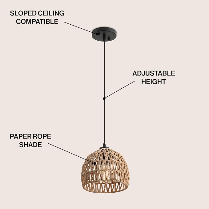 JONATHAN Y Campana 1-Light Pendant Dome Ceiling Lamp, 8.25", Brown | Modern Coastal Farmhouse Decor, Adjustable Height, Woven Rope Metal Frame, LED Bulb Included, UL Listed