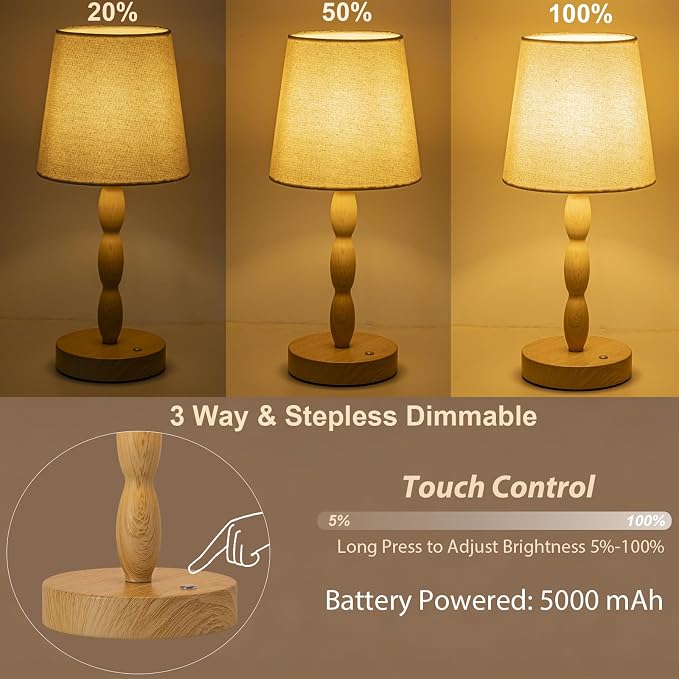 Rechargeable Cordless Table Lamp, 5000mAh Battery Powered Touch Desk Lamp, 3-Level & Stepless Dimmable Night Light, Portable Bedside Lamp for Bedroom, Outdoor, Bulb Included, Wood Grain